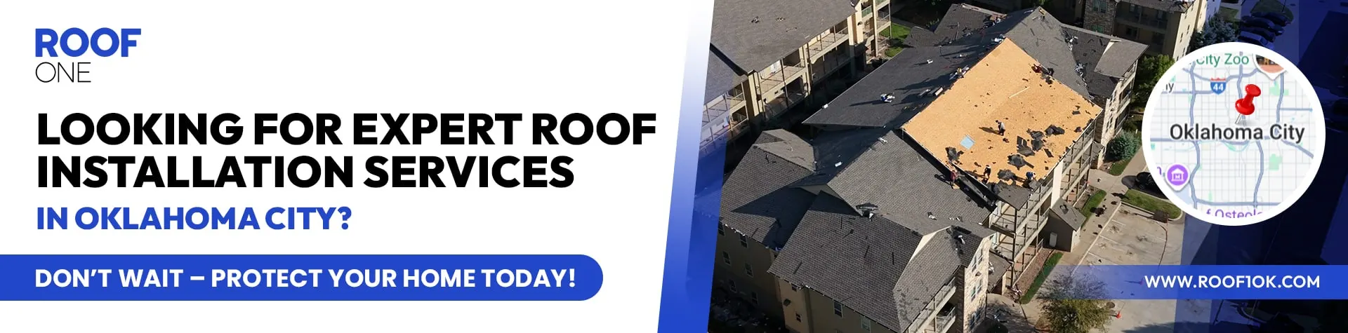 Roof Installation Services - Aerial view of a storm-damaged apartment building roof, advertising Oklahoma City roof installation services.