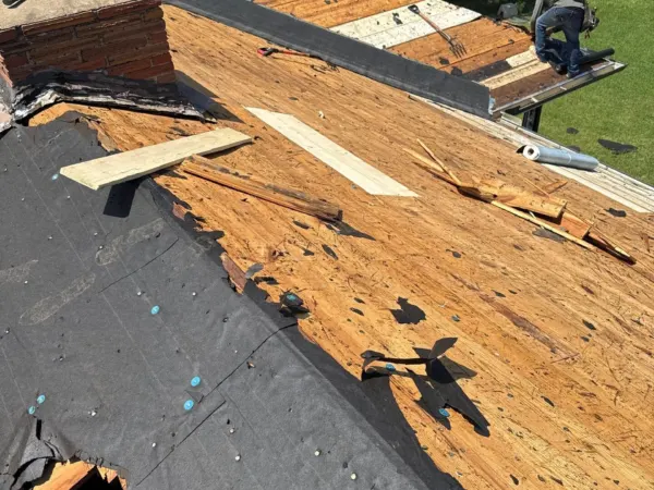 Exposed roof decking after tear-off on a residential reroof