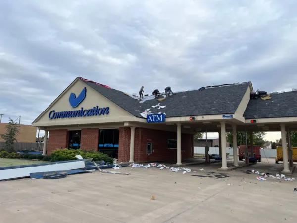 Credit union branch building during the new roof installation