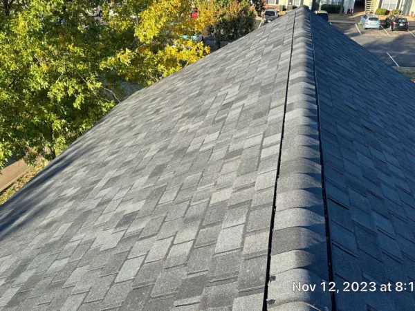 Finished ridge line on the new commercial shingle roof