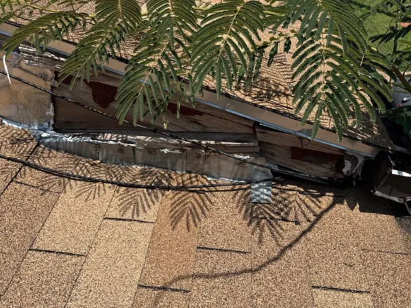 Close-up of damaged, granule-worn shingles found during a roof inspection