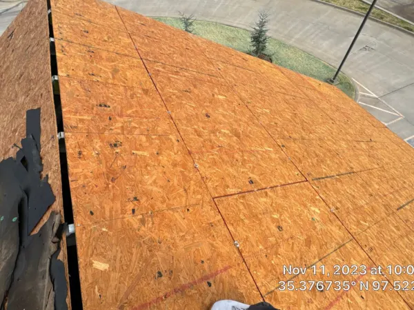 Fresh plywood decking installed on the commercial roof