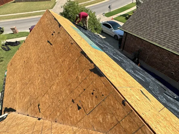 Exposed roof decking during a residential roof replacement