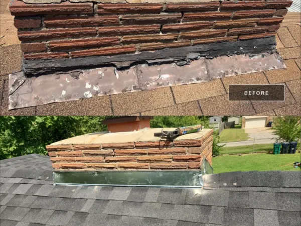 Before and after comparison of the chimney area on the reroof