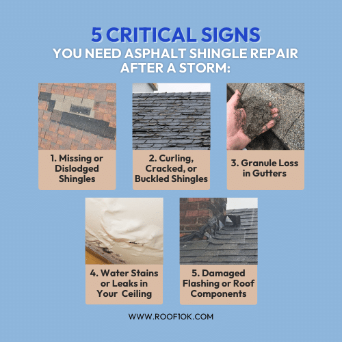 Graphic showing 5 signs you need asphalt shingle repair after a storm, including missing shingles, leaks, and more.