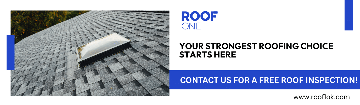 Asphalt shingle roof with skylight and CTA banner from Roof One Holdings promoting free roof inspection in Oklahoma.