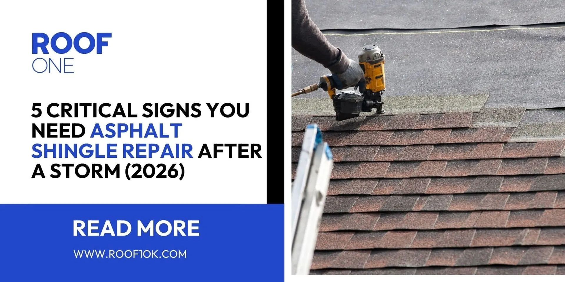 Roof technician performing asphalt shingle repair after storm damage in Oklahoma City.