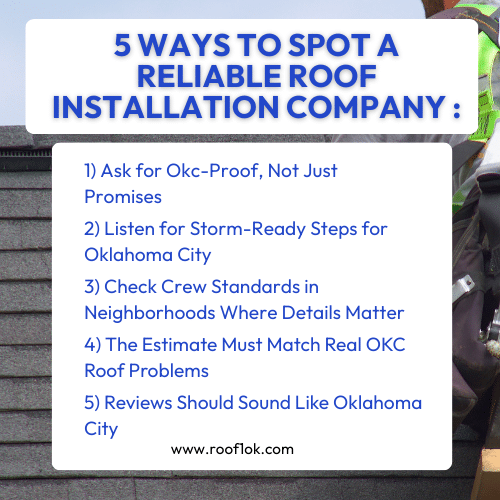 5 ways to spot a reliable roof installation company in Oklahoma City, checklist graphic for 2026