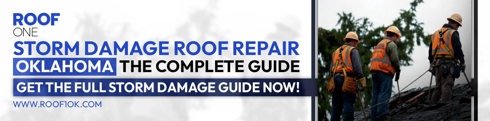 Storm damage roof repair: Three workers in safety vests and hard hats are on a roof that appears to be damaged in Oklahoma.
