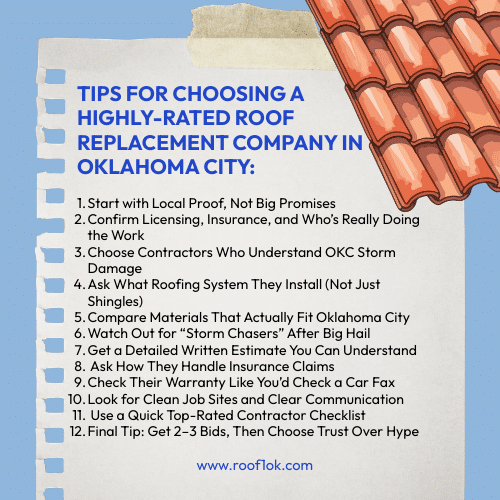 Tips checklist graphic for choosing roof replacement contractors in Oklahoma City for roof replacement