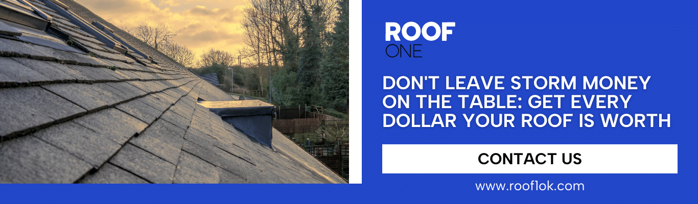 Roof One banner on how to file a roof insurance claim in Oklahoma to get the full value for storm damage repairs in OKC