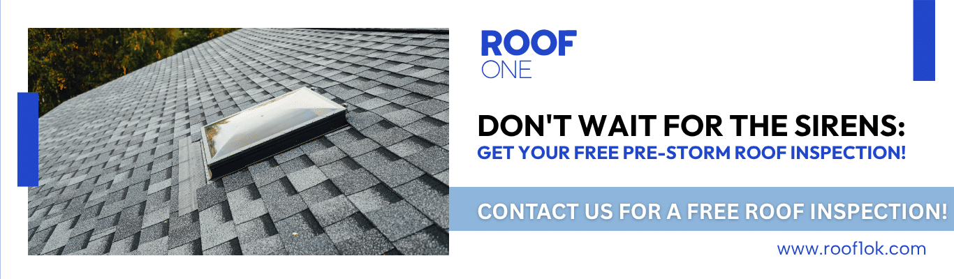 Call to action for oklahoma storm season roof preparation on a shingle roof with a skylight. Get a free inspection.
