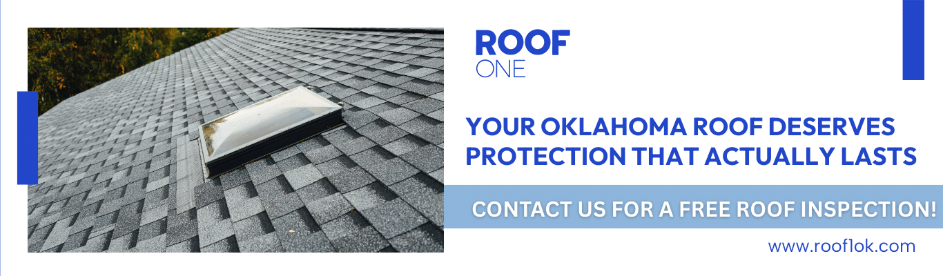 Roof One banner for a free roof inspection to find the best roofing material for Oklahoma weather in the OKC Metro