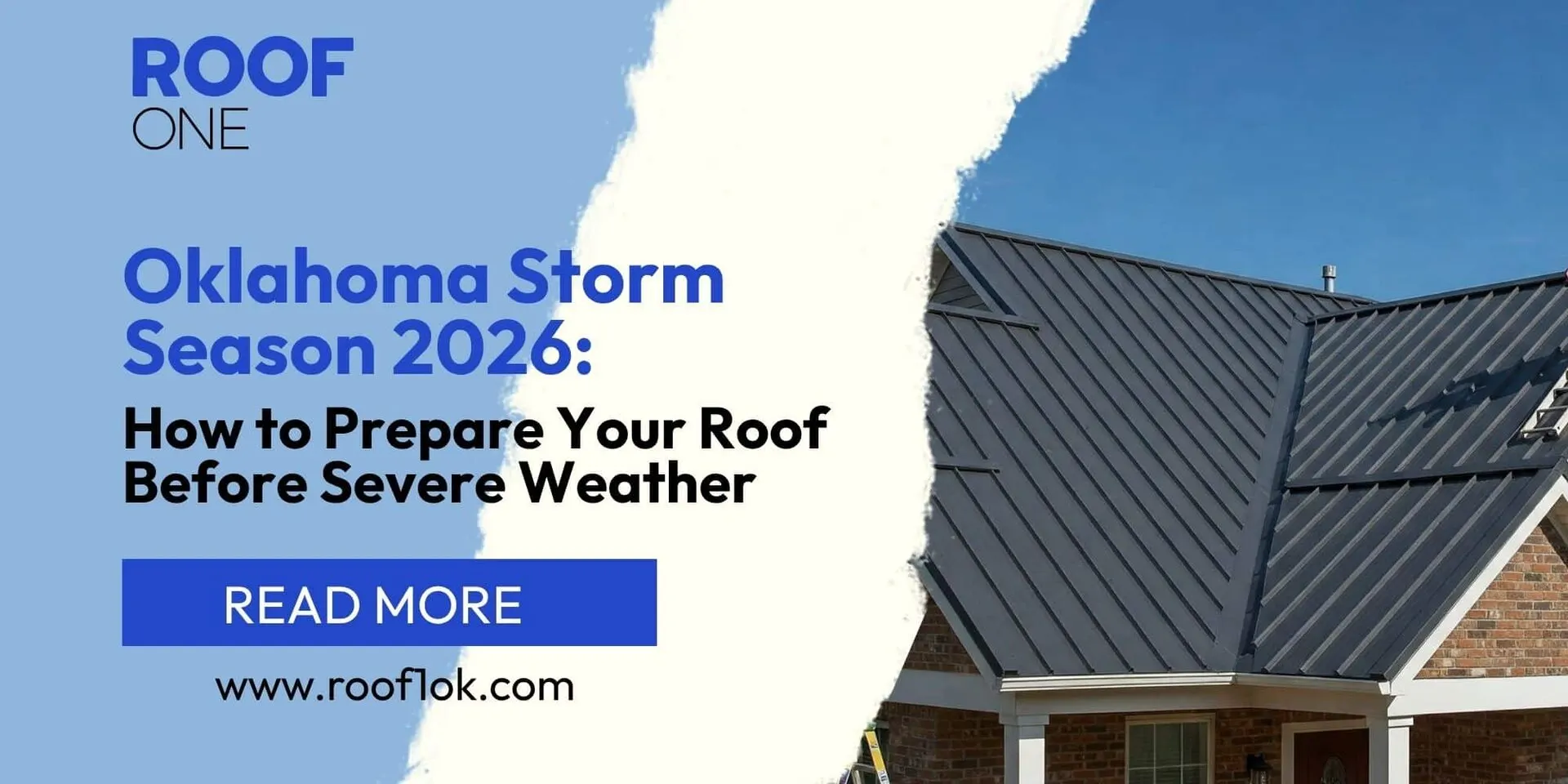 Banner with a title about oklahoma storm season roof preparation for 2026 and a photo of a metal roof.