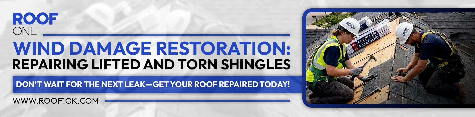 Roof wind damage repair service banner. Two workers repair lifted and torn shingles on a dark-colored roof.