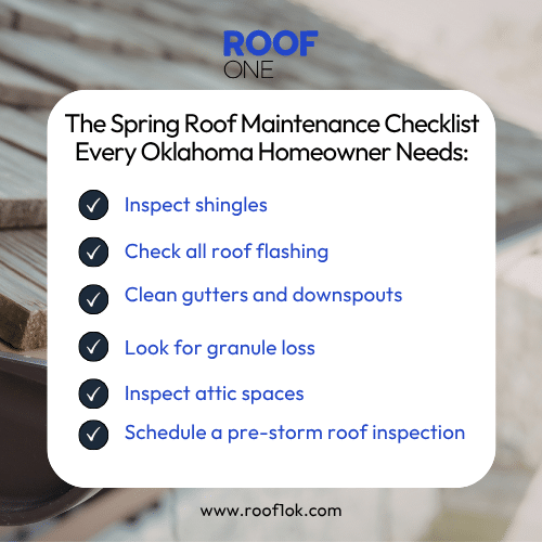 Banner with a title about oklahoma storm season roof preparation for 2026 and a photo of a metal roof