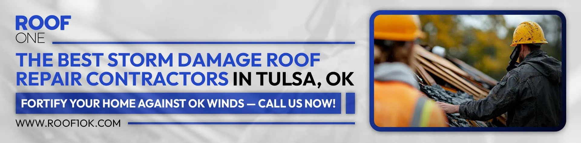 Storm damage roof repair in Tulsa, OK: Roof One contractor in a hard hat working on a damaged roof.