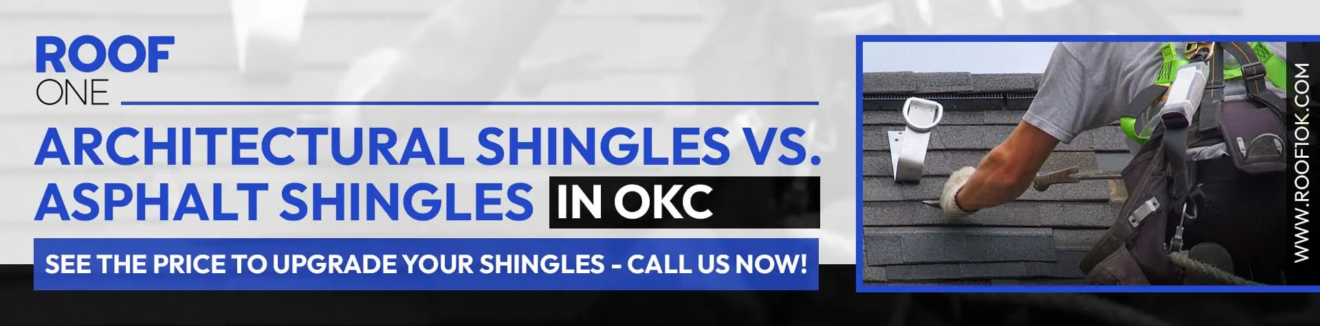 Architectural shingles vs asphalt shingles in OKC. See the price to upgrade your shingles—call now. Worker installing a roof.