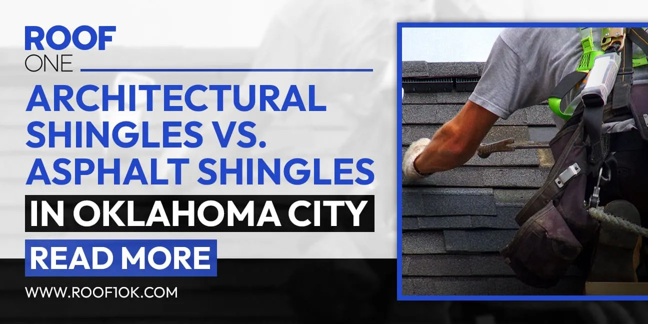Architectural shingles vs asphalt shingles: A worker on a roof installs dark gray shingles for a roofing company in Oklahoma City.
