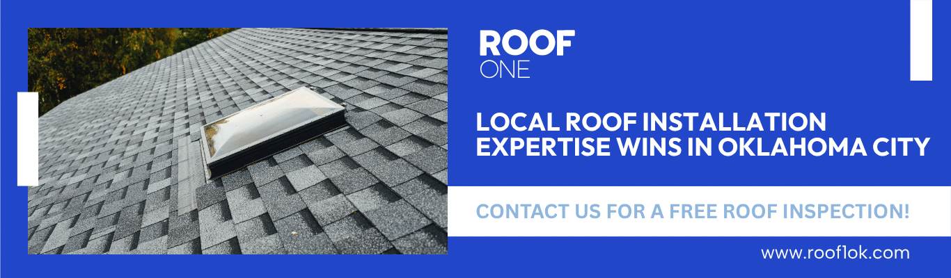 Close-up of shingle roof and skylight in OKC. Proper installation determines how long does a roof last.