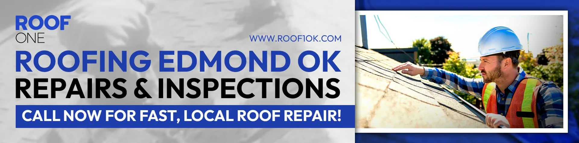 Roofing in Edmond OK: A man in a hard hat and safety vest inspecting a residential roof, offering fast, local repairs and inspections.