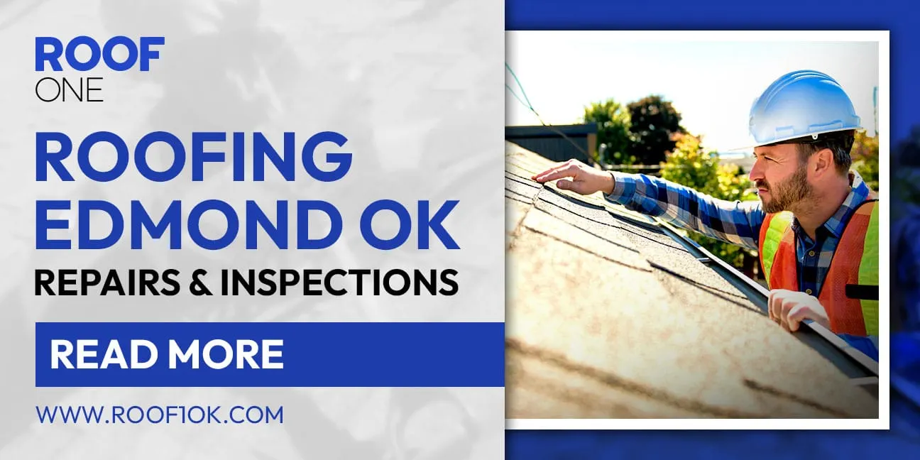 Roofing in Edmond OK: A contractor wearing a hard hat and safety vest performs roof repairs or an inspection on a shingle roof.