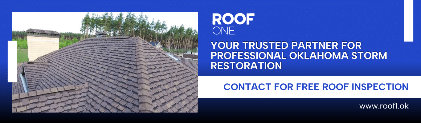 High-angle view of undamaged shingle roof with trees; Roof One ad for Oklahoma storm restoration and hail damage roof repair