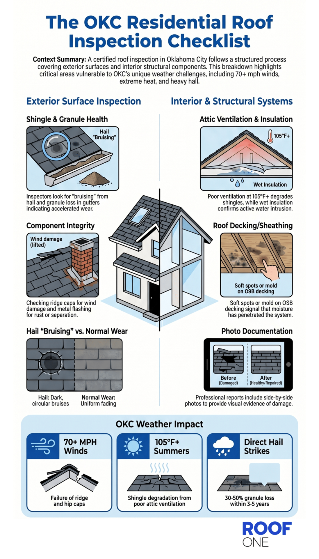 Infographic showing a residential roof inspection checklist for OKC hail damage, wind uplift, and attic ventilation