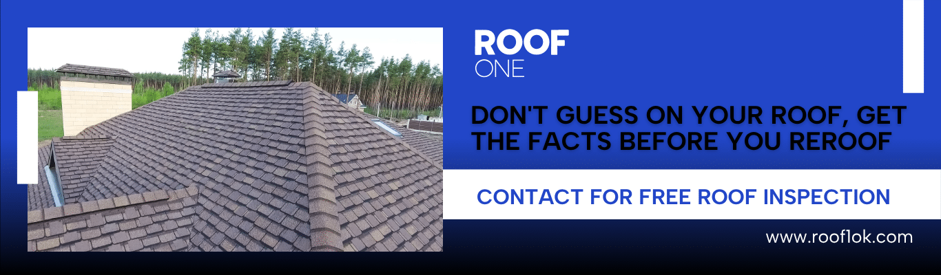 Dark shingle roof image. A banner asking homeowners to get facts before deciding to reroof over existing shingles