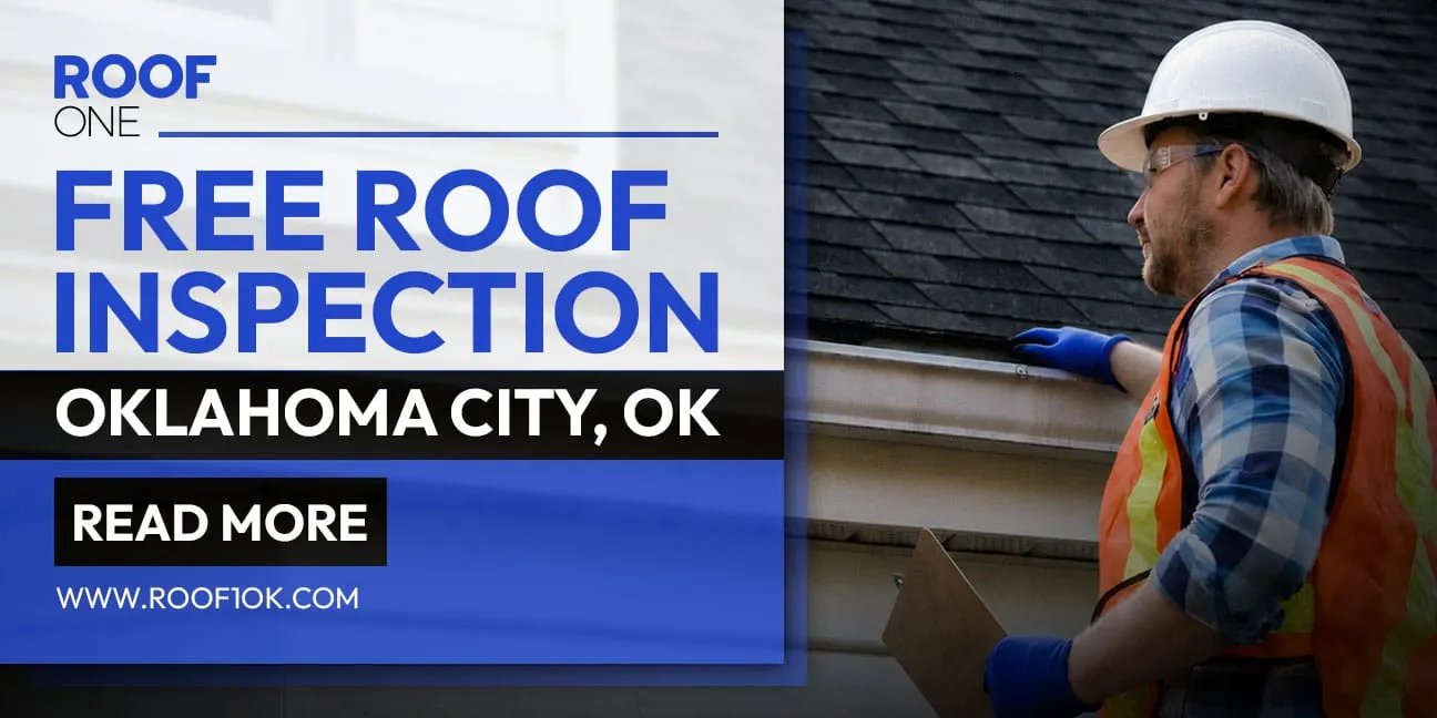 Roof inspection: A contractor in a hard hat and safety vest examines a residential roof and gutter in Oklahoma City, OK.