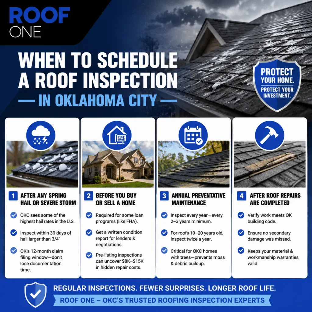 Roof One infographic: 4 times to schedule OKC roof inspections (after storms, buying/selling, annually, post-repair).