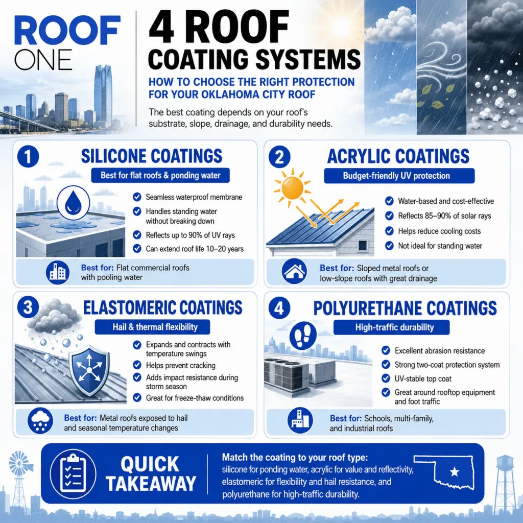 nfographic comparing silicone, acrylic, elastomeric, and polyurethane roof coatings.