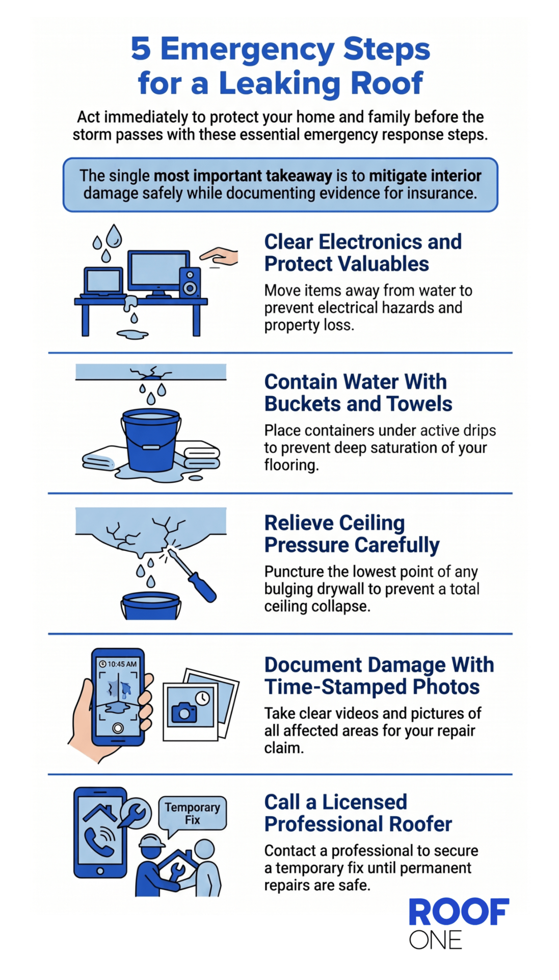 Infographic showing 5 emergency steps for a roof leaking in heavy rain to prevent severe water damage