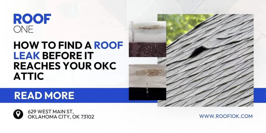 Learn how to find a roof leak in OKC. Roof One guide showing a damaged shingle and ceiling water leaks