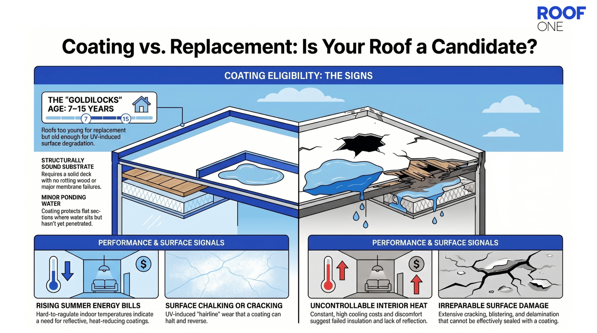 For roof-coating-services-in-oklahoma-city.jpg: Infographic on roof coating vs. replacement criteria.