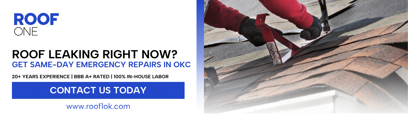 Roof One contractor fixing a roof leaking in OKC with same-day emergency repairs on asphalt shingles