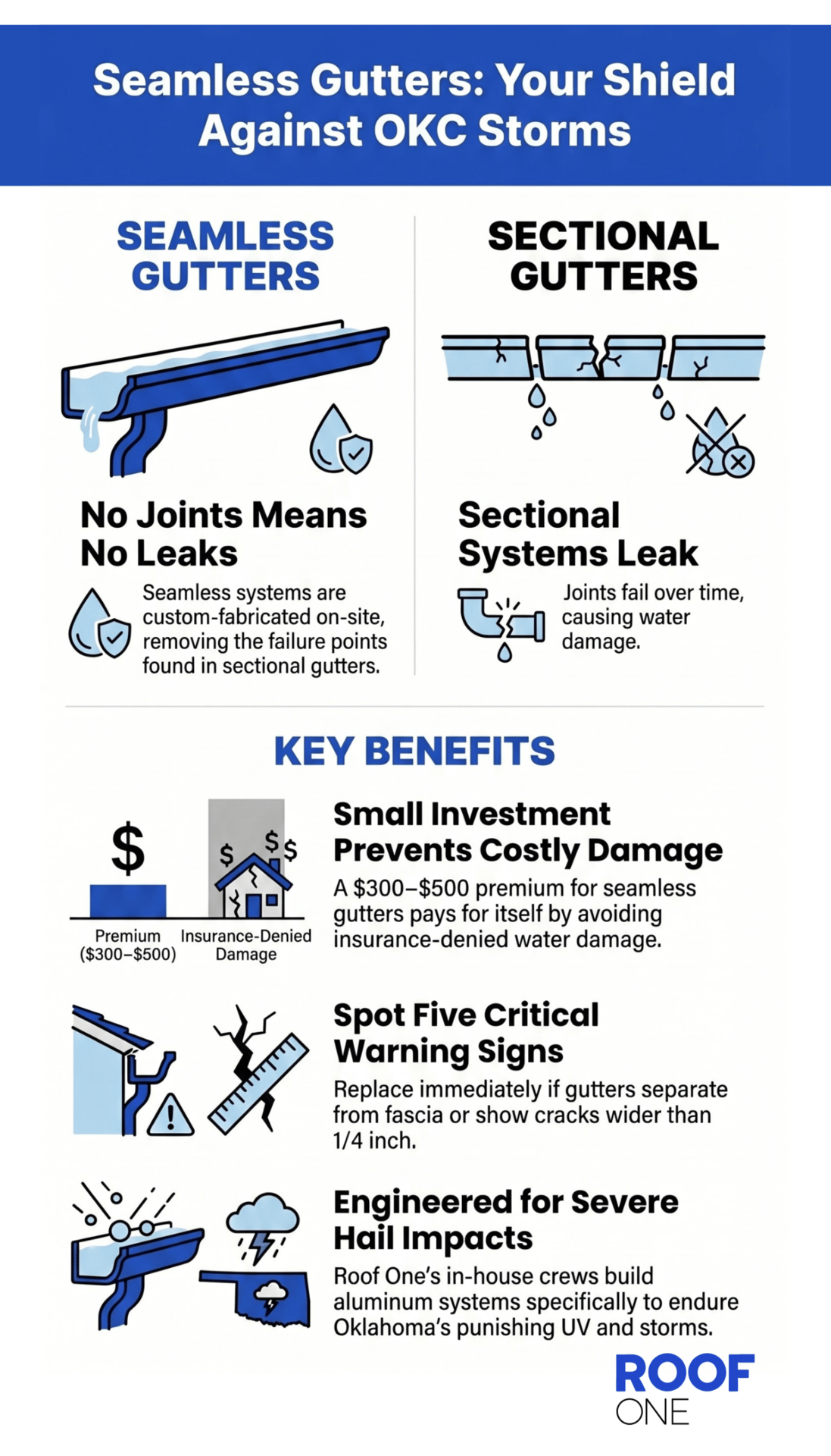 Comparison graphic showing why seamless gutters reduce future gutter installation cost compared to leaky sectional ones