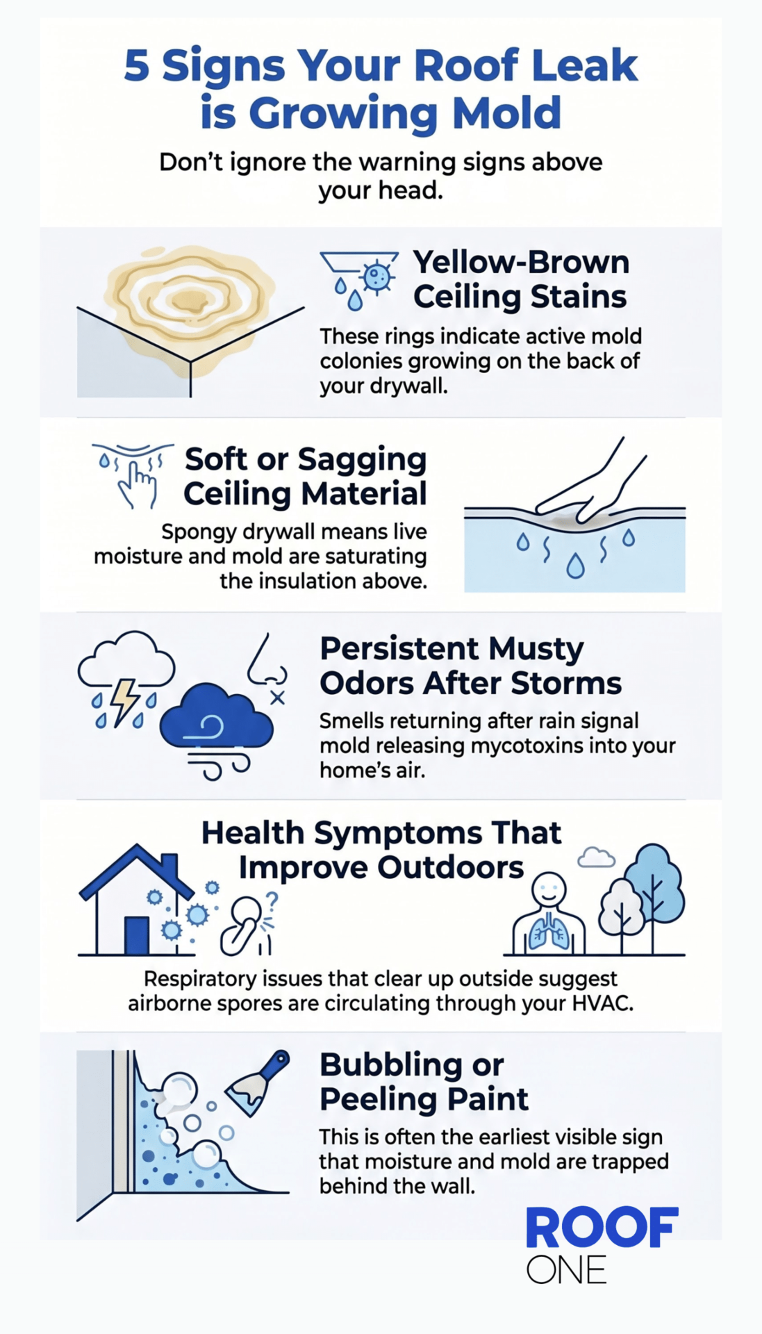 Infographic on 5 signs your roof leak is growing mold. Learn how to find a roof leak early before damage spreads. Roof One